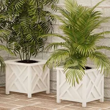 Lattice Design Planter Box 2-Pack – 14.75-Inch Decorative Outdoor Flower or Plant Pots – Front Porch, Patio, and Garden Decor by Pure Garden (White)