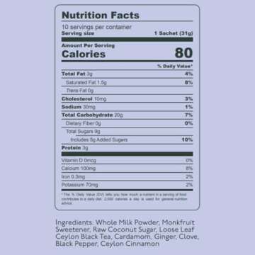 Kola Goodies - Masala Chai Tea Latte - Makes 10 Cups - Milk Included - No Fillers or Preservatives - Made with Cardamom, Ginger, Cinnamon, & Raw Coconut Sugar - Ready in 3 Minutes - 10 Sachets