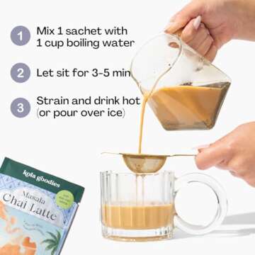 Kola Goodies - Masala Chai Tea Latte - Makes 10 Cups - Milk Included - No Fillers or Preservatives - Made with Cardamom, Ginger, Cinnamon, & Raw Coconut Sugar - Ready in 3 Minutes - 10 Sachets