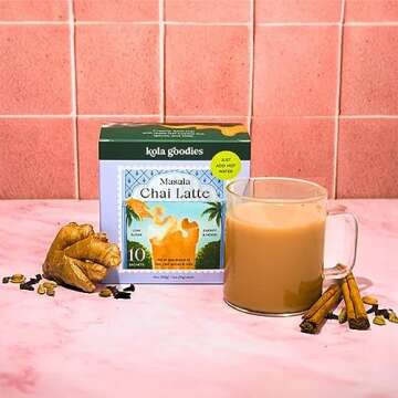 Kola Goodies - Masala Chai Tea Latte - Makes 10 Cups - Milk Included - No Fillers or Preservatives - Made with Cardamom, Ginger, Cinnamon, & Raw Coconut Sugar - Ready in 3 Minutes - 10 Sachets