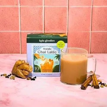 Kola Goodies - Masala Chai Tea Latte - Makes 10 Cups - Milk Included - No Fillers or Preservatives - Made with Cardamom, Ginger, Cinnamon, & Raw Coconut Sugar - Ready in 3 Minutes - 10 Sachets