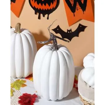 vensovo 8.5 Inch Large White Pumpkins for Decorating - 2PCS Big White Foam Decorative Pumpkins for Fall Decor, White Paintable Artificial Pumpkins Perfect for Halloween Decor Thanksgiving Decor