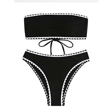 ZAFUL Women Strapless Textured Bandeau Bikini 2 Piece Swimwear Cheeky Solid Lace up Bathing Suits