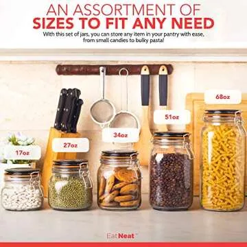 EatNeat Set of 5 Glass Storage Jars - Glass Canister w/Bail & Trigger Clasp Lid - Assorted Premium Food Containers for Pantry Storage Organization - Includes Black Labels and White Marker