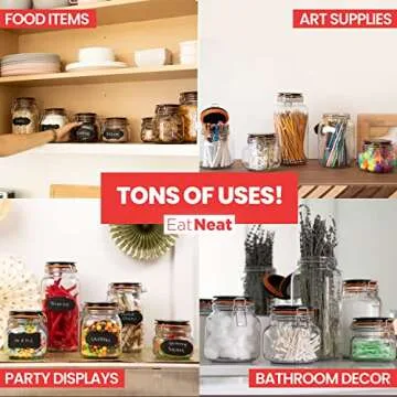 EatNeat Set of 5 Glass Storage Jars - Glass Canister w/Bail & Trigger Clasp Lid - Assorted Premium Food Containers for Pantry Storage Organization - Includes Black Labels and White Marker