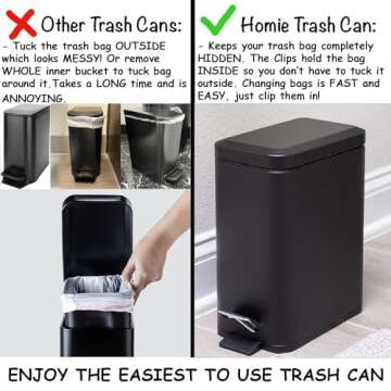 Homie Soft Close, Slim Trash Can 1.6 Gallon with Anti - Bag Slip Liner and Lid, Use as Mini Garbage Basket, Slim Dust Bin, or Decor in Bathroom, Restroom, Kitchen, or Bedroom (Matte Black)