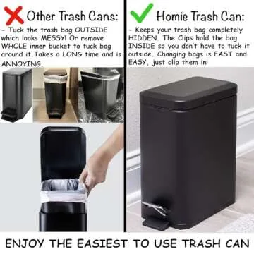 Homie Soft Close, Slim Trash Can 1.6 Gallon with Anti - Bag Slip Liner and Lid, Use as Mini Garbage Basket, Slim Dust Bin, or Decor in Bathroom, Restroom, Kitchen, or Bedroom (Matte Black)