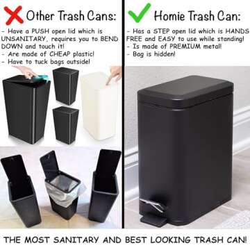 Homie Soft Close, Slim Trash Can 1.6 Gallon with Anti - Bag Slip Liner and Lid, Use as Mini Garbage Basket, Slim Dust Bin, or Decor in Bathroom, Restroom, Kitchen, or Bedroom (Matte Black)