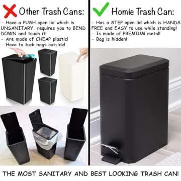 Homie Soft Close, Slim Trash Can 1.6 Gallon with Anti - Bag Slip Liner and Lid, Use as Mini Garbage Basket, Slim Dust Bin, or Decor in Bathroom, Restroom, Kitchen, or Bedroom (Matte Black)