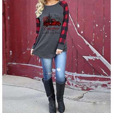 Women This is My Movie Watching Shirt Christmas Truck Tree Long Sleeve Raglan T-Shirt Plaid Splicing...