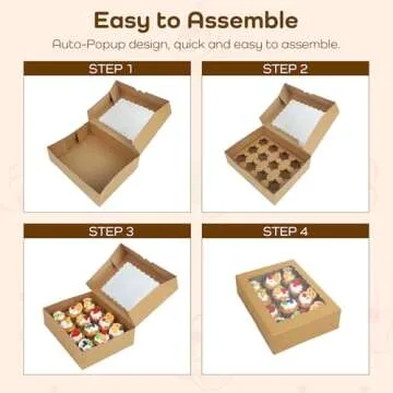 Tcoivs 15-Set Cupcake Boxes Hold 12 Standard Cupcakes, Auto-Popup Cupcake Containers with Windows and Inserts, Brown Cupcake Carrier, Food Grade Kraft Cupcake Holders