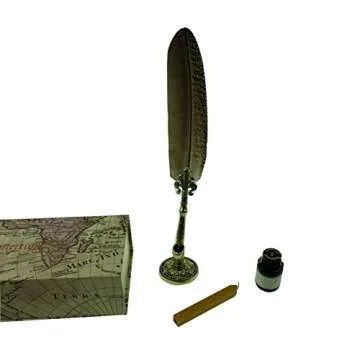 GC QUILL Feather Quill Pen Set- 100% Hand Craft - Golden Calligraphy Pen Holder Hand Carved Dip Pen Stem Best Antique Executive Gift