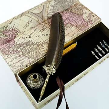 GC QUILL Feather Quill Pen Set- 100% Hand Craft - Golden Calligraphy Pen Holder Hand Carved Dip Pen Stem Best Antique Executive Gift