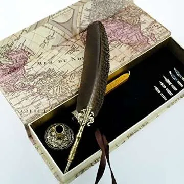 GC QUILL Feather Quill Pen Set- 100% Hand Craft - Golden Calligraphy Pen Holder Hand Carved Dip Pen Stem Best Antique Executive Gift