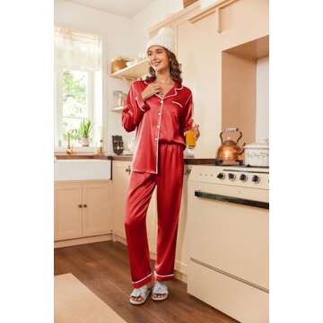 Ekouaer Women's Classic Button Down Long Satin Silk Pajama Set,Small,Red