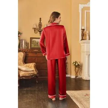 Ekouaer Women's Classic Button Down Long Satin Silk Pajama Set,Small,Red