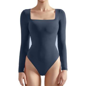 SUUKSESS Women Long Sleeve Bodysuit Sexy Square Neck Thong Body Suit Shirts Top for Fall and Winter ...
