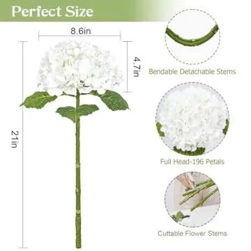 Waipfaru 21" Real Touch White Hydrangea Artificial Flowers with Long Stem & Leaves, Full Latex Faux ...