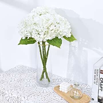Waipfaru 21" Real Touch White Hydrangea Artificial Flowers with Long Stem & Leaves, Full Latex Faux Hydrangea Flowers for Home Decor Party Floral Arrangements Wedding Bouquets Centerpieces, 4Pcs