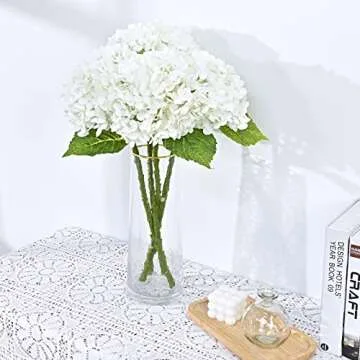 Waipfaru 21" Real Touch White Hydrangea Artificial Flowers with Long Stem & Leaves, Full Latex Faux Hydrangea Flowers for Home Decor Party Floral Arrangements Wedding Bouquets Centerpieces, 4Pcs