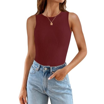 ZESICA Womens Ribbed Tank Tops Summer Sleeveless High Neck Casual Slim Fitted Basic Knit Shirts,Wine...