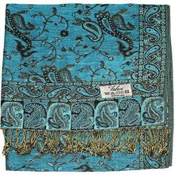 Falari Women's Woven Paisley Pashmina Shawl Wrap Scarf 80" x 27" (Style 1 - Turquoise)