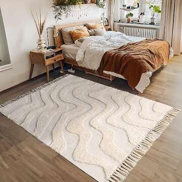 Castage 4’x6’ Rug for Bedroom Living Room Dining Room Office Boho Rug Cream Beige Washable Area Rugs Small Neutral Floor Carpet Modern Farmhouse Tufted Woven Geometric Throw Rugs with Tassel