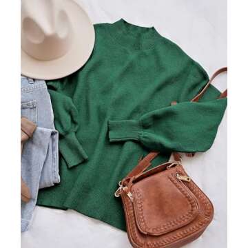 ZESICA Women's Lantern Sleeve Turtleneck Sweater - Forest Green