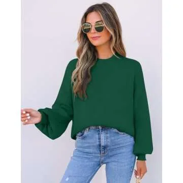 ZESICA Women's Lantern Sleeve Turtleneck Sweater - Forest Green