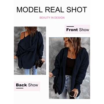 Dokotoo Womens Casual Cozy Warm Ladies Fashion 2024 Fuzzy Winter Fall Open Front Long Sleeve Fleece Pockets Hooded Cardigans Sweaters Jackets Coats Outerwear Navy Small
