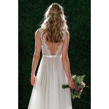 Ikerenwedding Women's V-Neck A-line Lace Tulle Long Beach Wedding Dresses for Bride Ivory US2