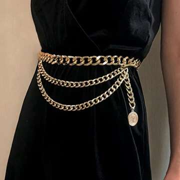 JWICOS Gold Bohemian Layered Waist Chain Belly Chain Belt with Coin Punk Chunky Body Chain for Women (Gold)