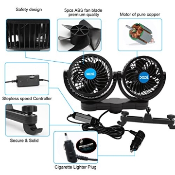 Portable XOOL 12V Car Fan with Adjustable Speeds and Rotation