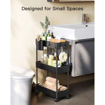 Pipishell Slim Storage Cart with Wheels, Bathroom Cart Organizer Bathroom Storage Small, Rolling Cart for Bathroom, Laundry Room, Kitchen, Narrow Space, Black PIUC04