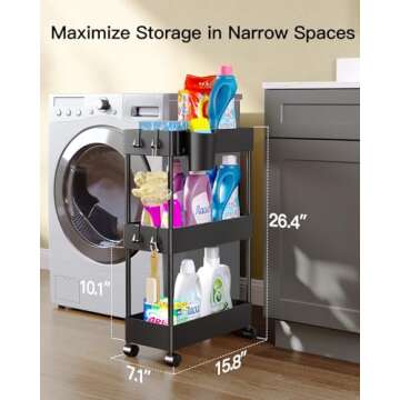 Pipishell Slim Storage Cart with Wheels, Bathroom Cart Organizer Bathroom Storage Small, Rolling Cart for Bathroom, Laundry Room, Kitchen, Narrow Space, Black PIUC04