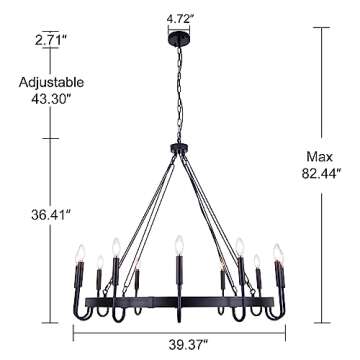 Wellmet Matte Black Wagon Wheel Chandelier, 12-Light Large Black Chandelier for High Ceiling, Industrial Wagon Wheel Pendant Light for Dining Room, Entryway, Hallway, Living Room, 39.37Inch Dia