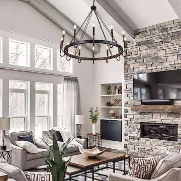 Wellmet Matte Black Wagon Wheel Chandelier, 12-Light Large Black Chandelier for High Ceiling, Industrial Wagon Wheel Pendant Light for Dining Room, Entryway, Hallway, Living Room, 39.37Inch Dia