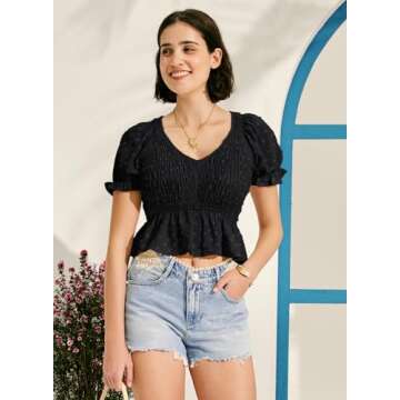 MIHOLL Cute Women’s V Neck Puff Sleeve Crop Top