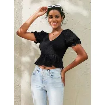 MIHOLL Cute Women’s V Neck Puff Sleeve Crop Top