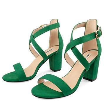 JOY IN LOVE Women's Chunky Block Heels 3 Inch Ankle Strap Low Heel Sandals Green Suede 7US