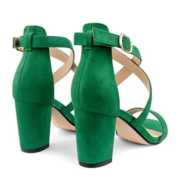 JOY IN LOVE Women's Chunky Block Heels 3 Inch Ankle Strap Low Heel Sandals Green Suede 7US