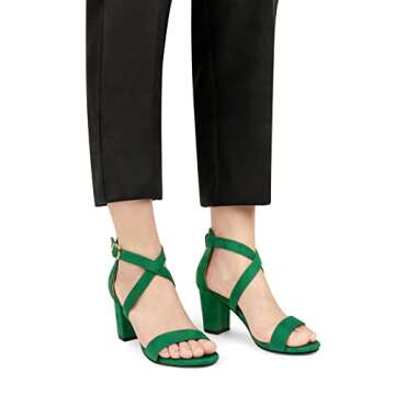 JOY IN LOVE Women's Chunky Block Heels 3 Inch Ankle Strap Low Heel Sandals Green Suede 7US