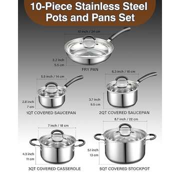 Cook N Home Stainless Steel Cookware Sets 10-Piece, Pots and Pans Kitchen Cooking Set with Stay-Cool...