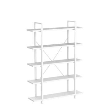 HSH 5 Tier Tall White Bookshelf, Metal and Wood Storage Book Shelves for Bedroom Living Room Office, Modern Large White Bookcases and Bookshelves 5 Shelf, Farmhouse Open Vertical Display Book Shelf