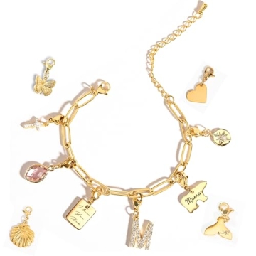 Gold Charm Bracelet for Women, Valentines Gifts for Mom with Personalized Engraved Charms Personaliz...