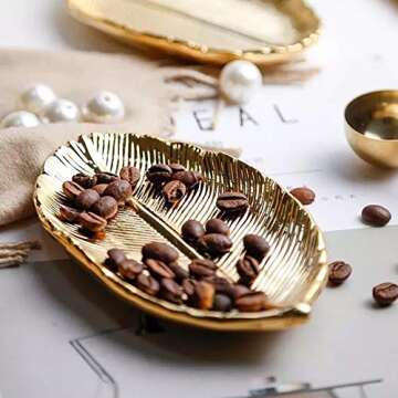 lemonadeus Small Golden Leaf Tray Ceramic Decorative Gold Trinket Dish Ring Dish Gold Leaf Jewelry B...