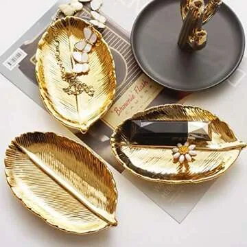 Small Golden Leaf Tray Ceramic Decorative Trinket Dish