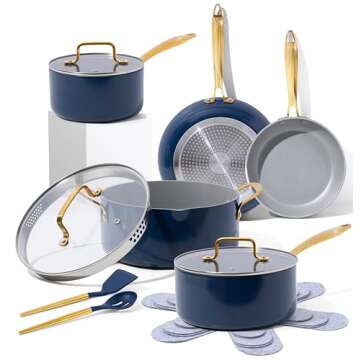 Blue Pots and Pans Set Nonstick - 15-Piece Luxury Blue and Gold Cookware Set, 100% PFOA-Free, Non-To...