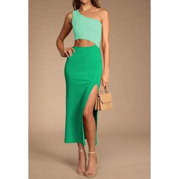 Pink Queen Women's Sexy Cutout Bodycon Dress One Shoulder Ribbed Party Cocktail Midi Long Dresses Ar...