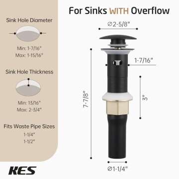 KES All Metal Bathroom Sink Drain with Strainer Basket Hair Catcher Anti Clog Pop Up Drain Stopper for Lavatory Vanity Vessel Sink with Overflow, Rustproof 18/8 Stainless Steel Matte Black S2013A-BK